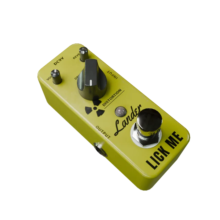 Yellow Lander LICK ME guitar pedal with volume, drive and reverb knobs